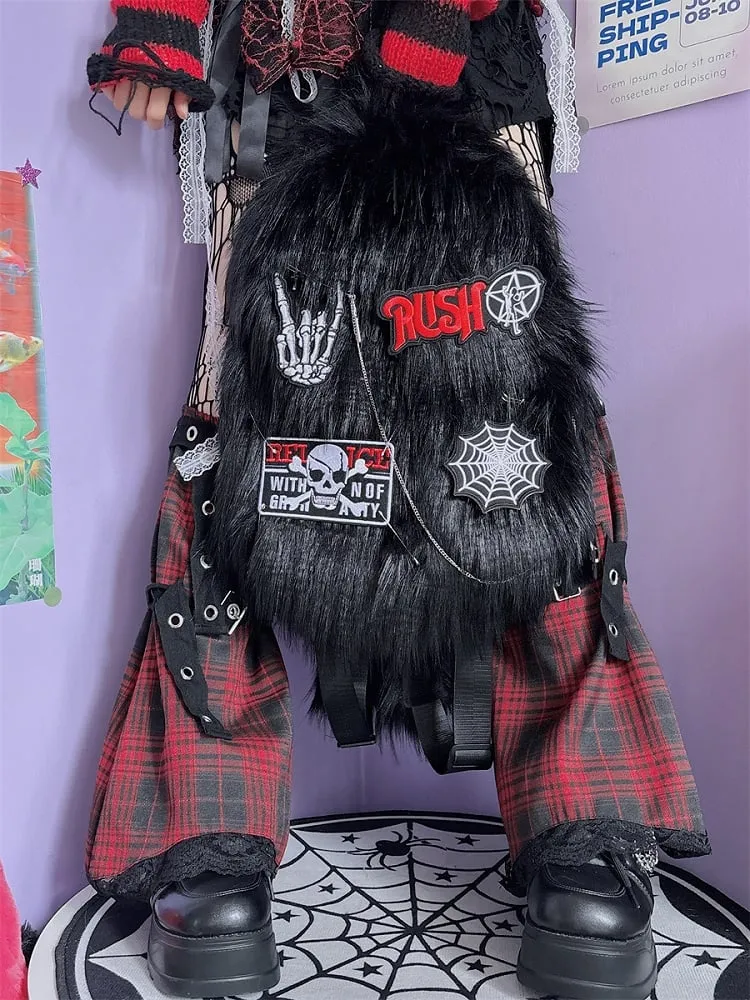 Black Skeleton Applique Punk Shaggy Backpack