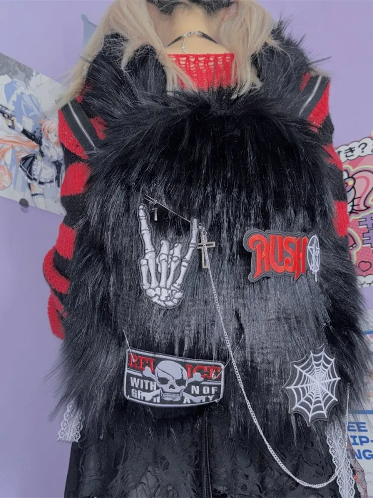 Black Skeleton Applique Punk Shaggy Backpack