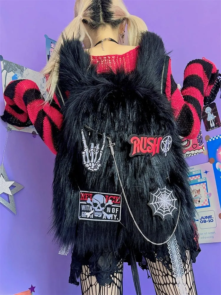 Black Skeleton Applique Punk Shaggy Backpack