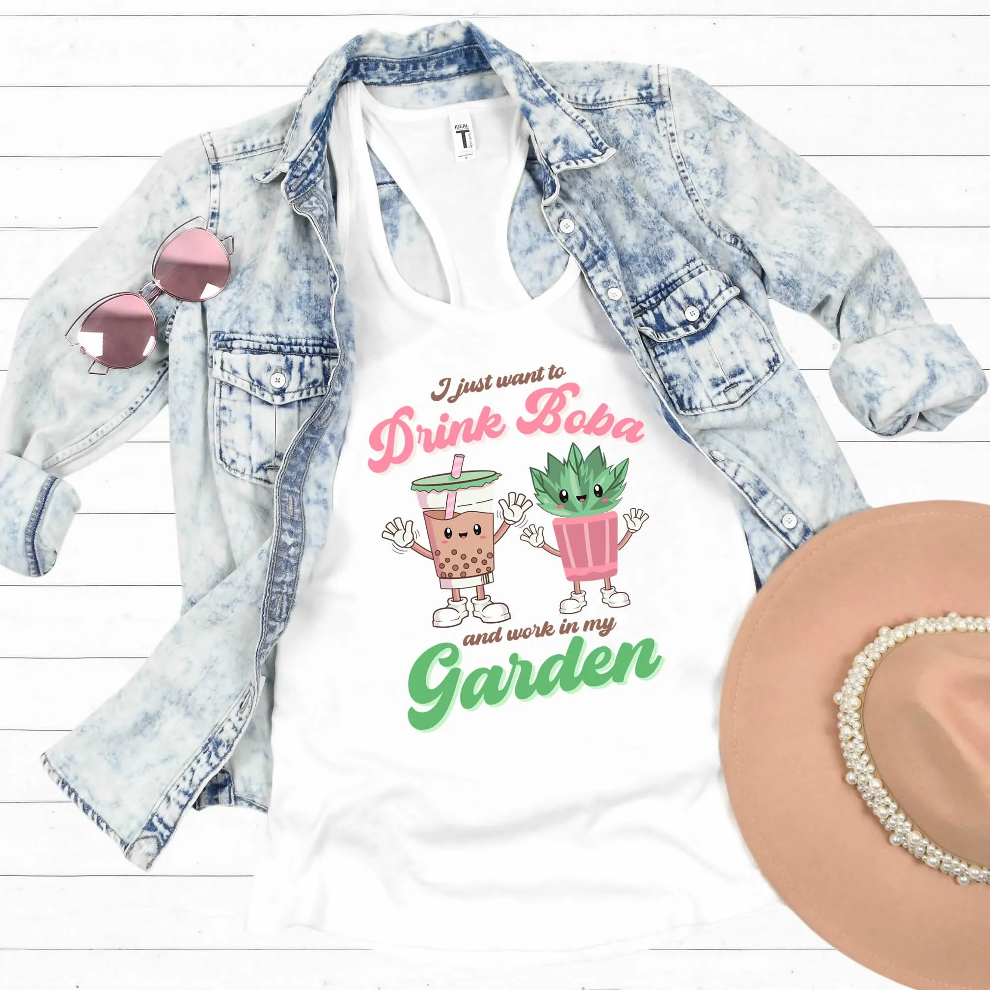 Bubble Tea Shirt | Boba Tea Retro Shirt | Plant Mom Shirt | Garden Gift | Women's Slim-fit Racerback Tank Top