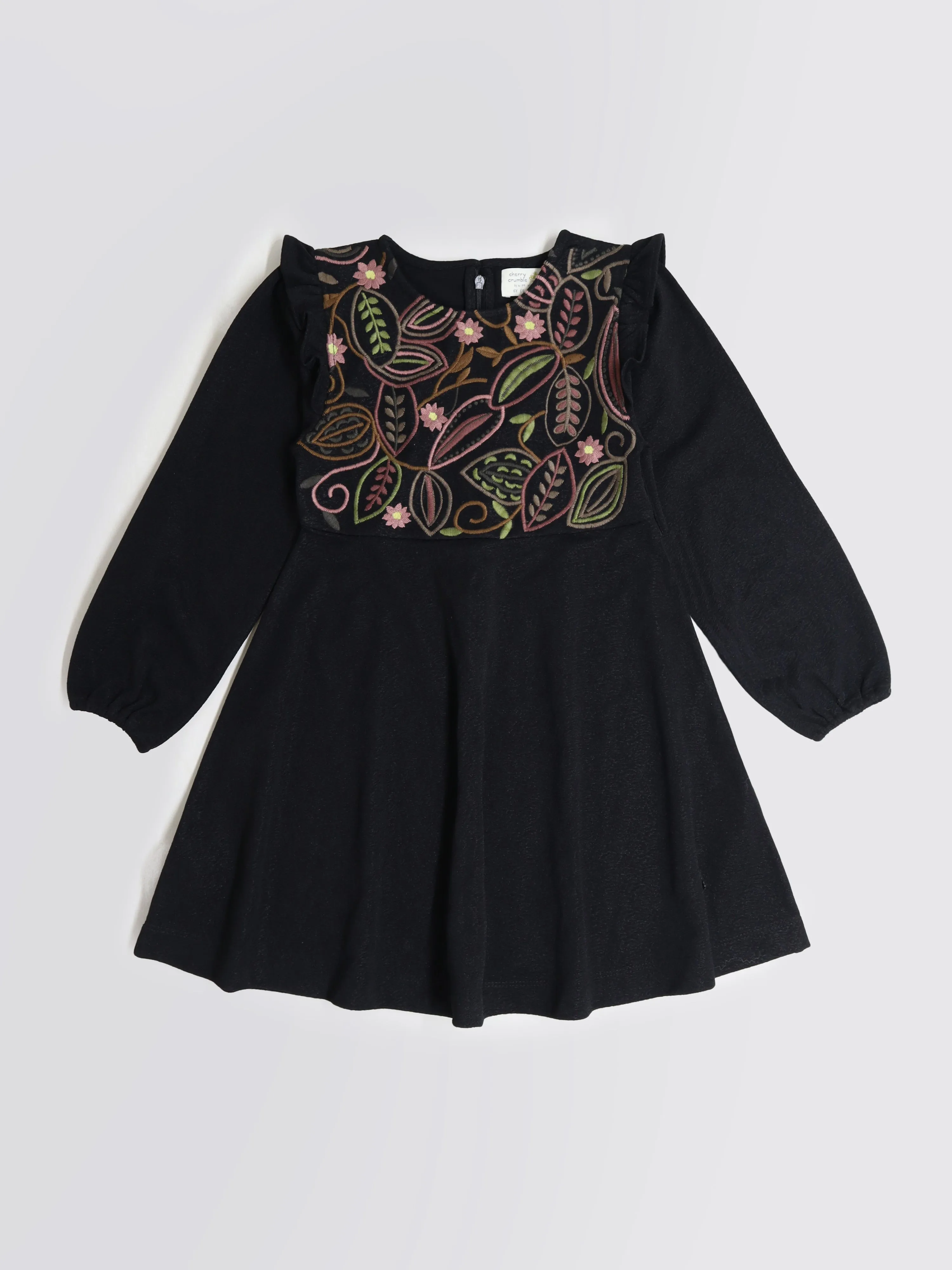 Cherry Crumble Girls Black Self Textured Full Sleeve Dress