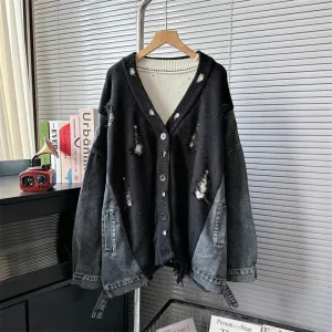 Colorblock Spliced Denim Sweaters For Women V Neck Long Sleeve Patchwork Single Breasted Vintage Sweater Female