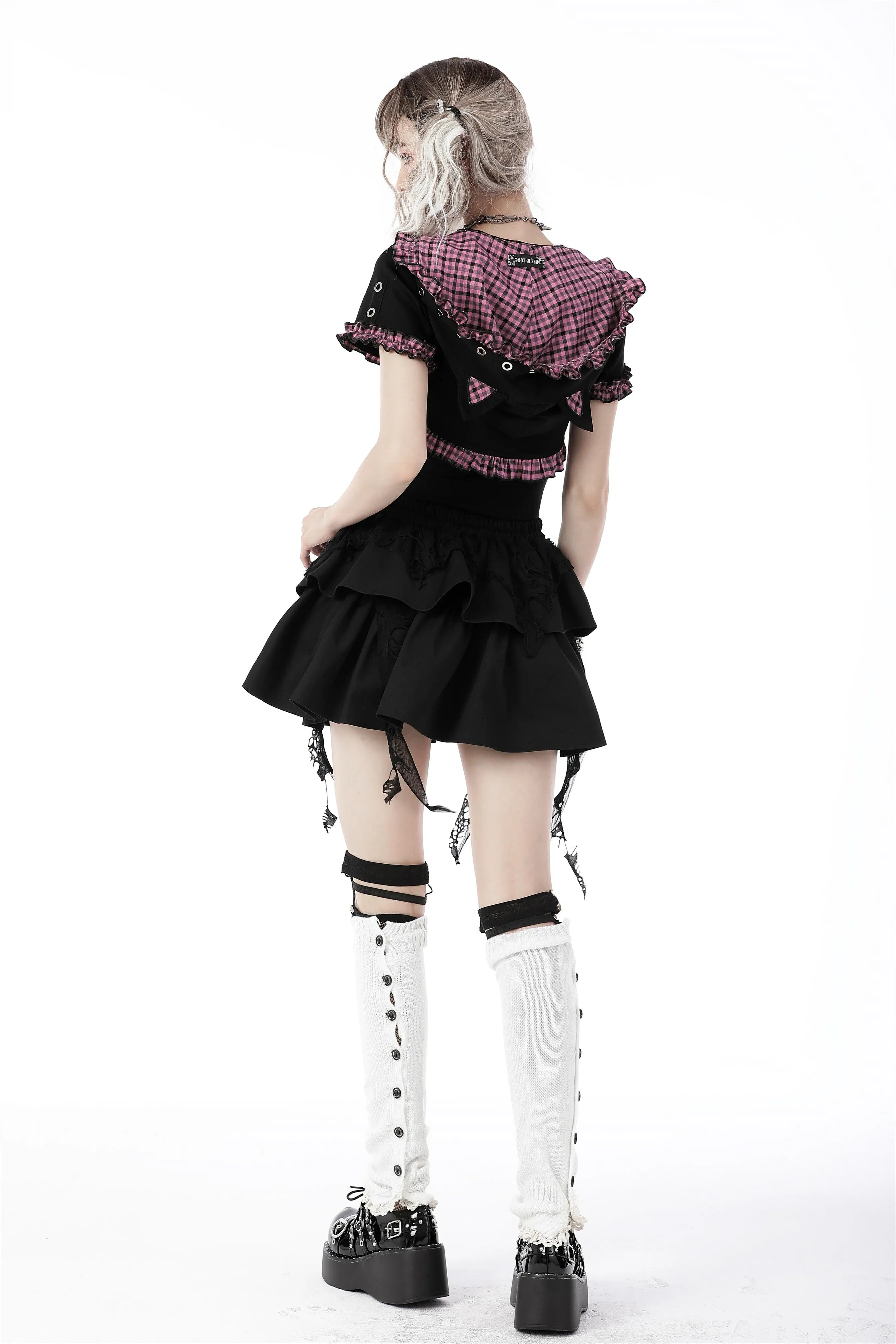 Gothic lolita pink plaid cat ear hoody cape BW105