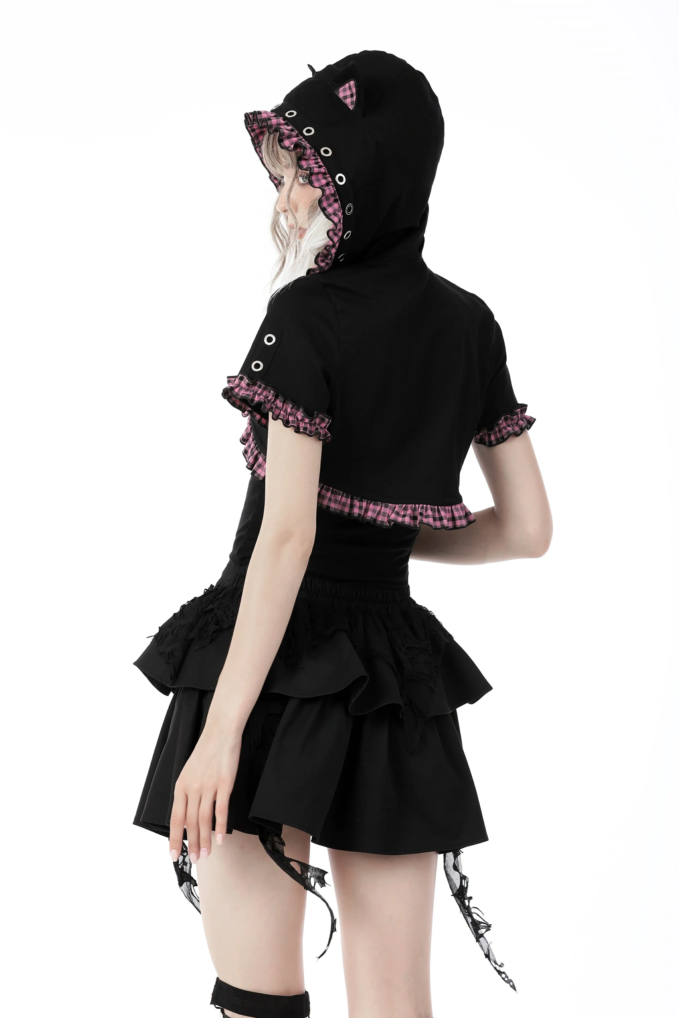Gothic lolita pink plaid cat ear hoody cape BW105