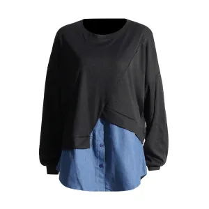 Hit Color Casual Sweatshirts For Women Round Neck Long Sleeve Loose Vintage Sweatshirt Female Fashion Clothing