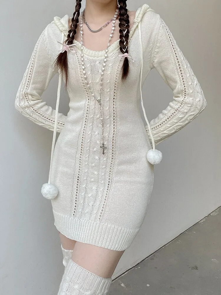 Hooded Knitted Sweater Hairball Mini Dress
