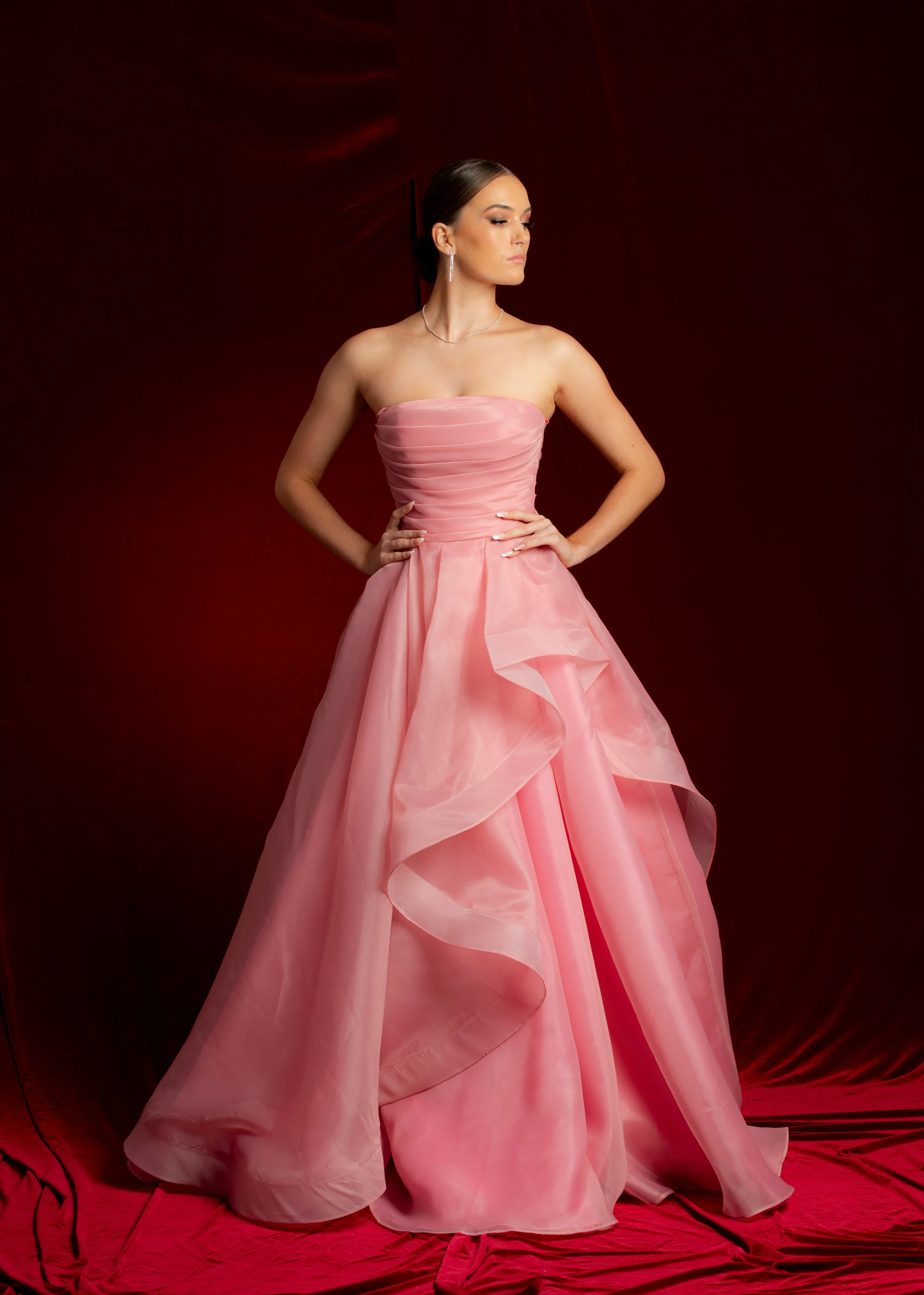 Hot Pink Organza ruffled dress with lace up back