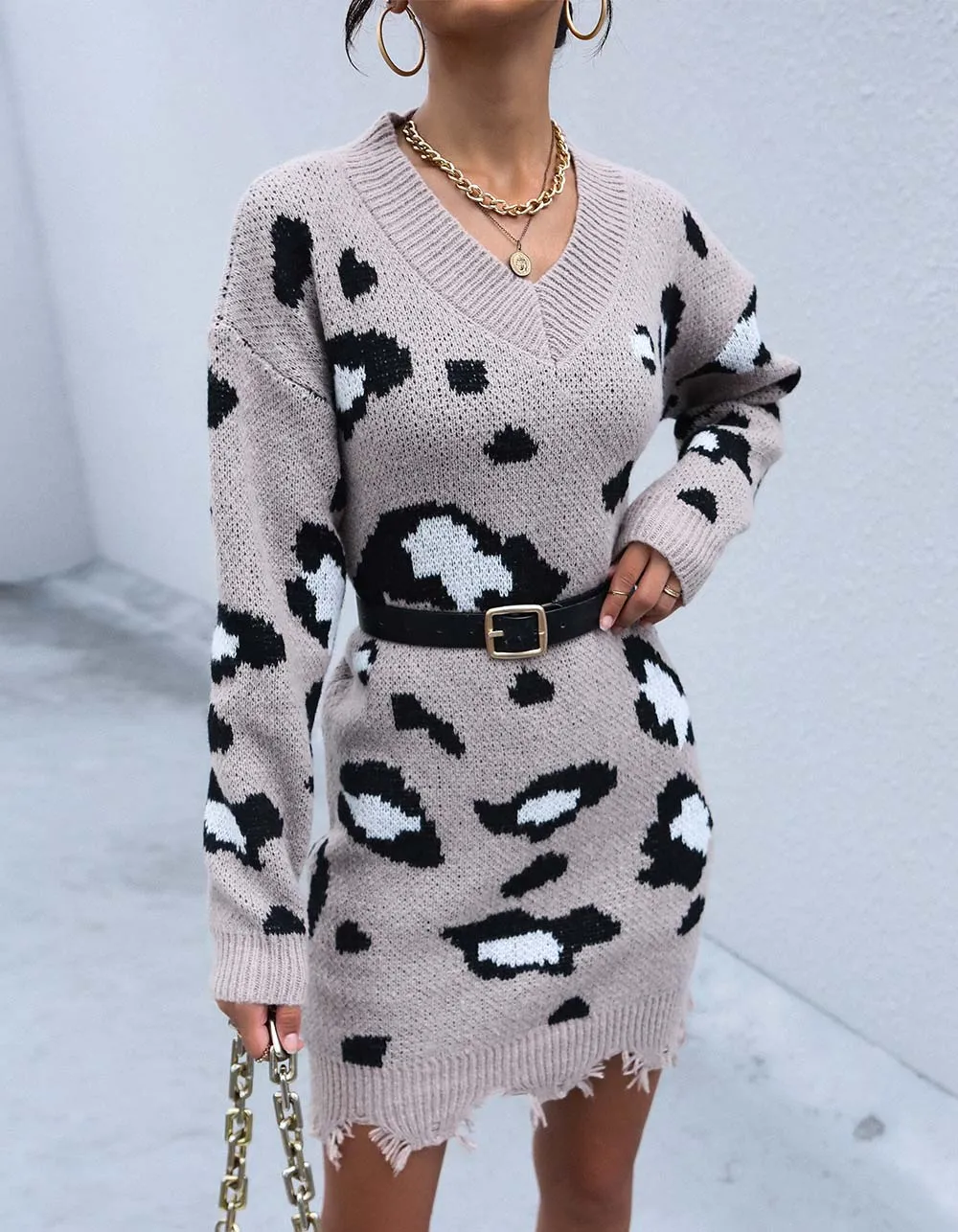 Leopard V Neck Loose Thin Long Sleeve Knit Sweater Dresses