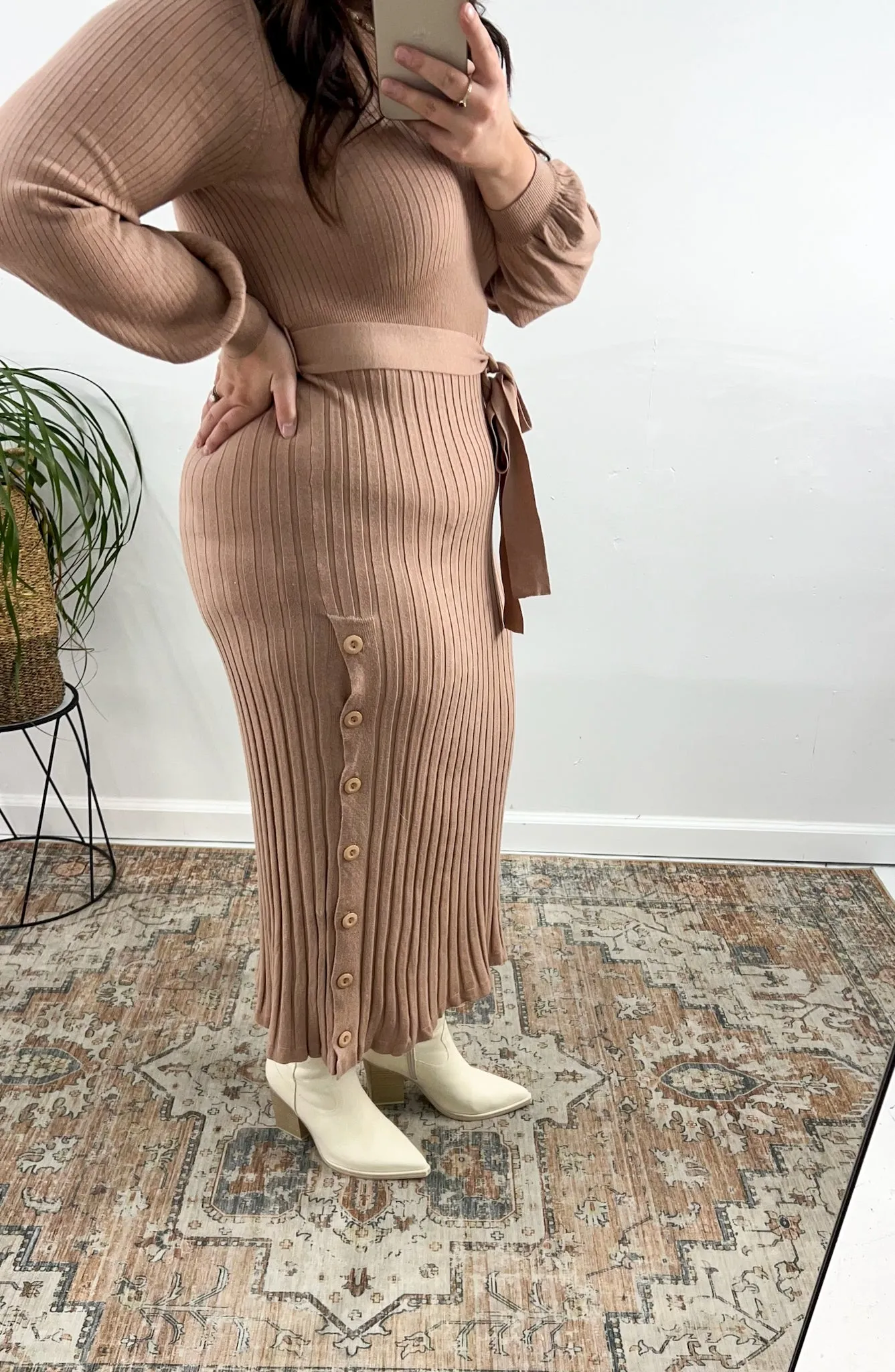 Mauve Tie-Waist Ribbed Sweater Dress
