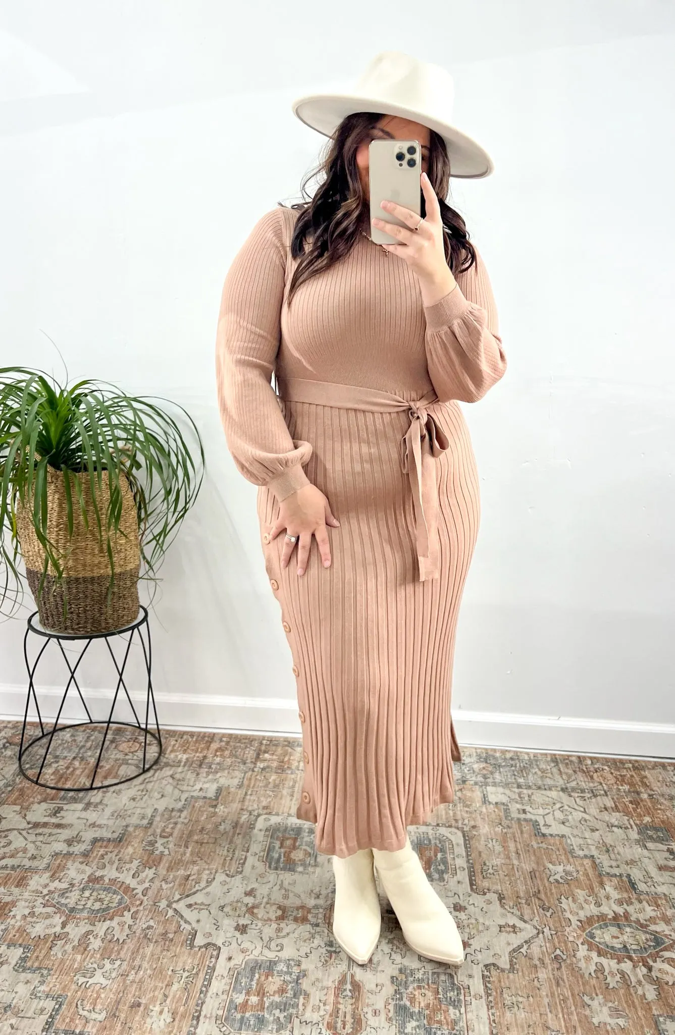 Mauve Tie-Waist Ribbed Sweater Dress