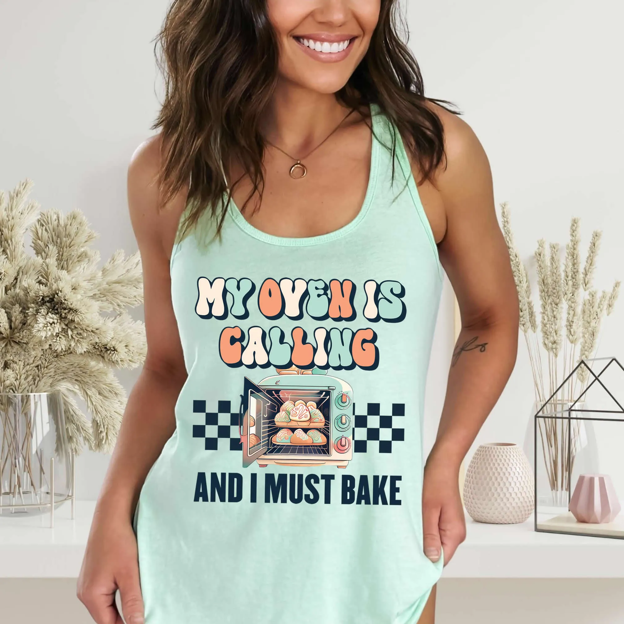 My Oven Is Calling Funny Baking Shirt | Cute Baking Gift For Her |  Women's Slim Fit Racerback Tank Top