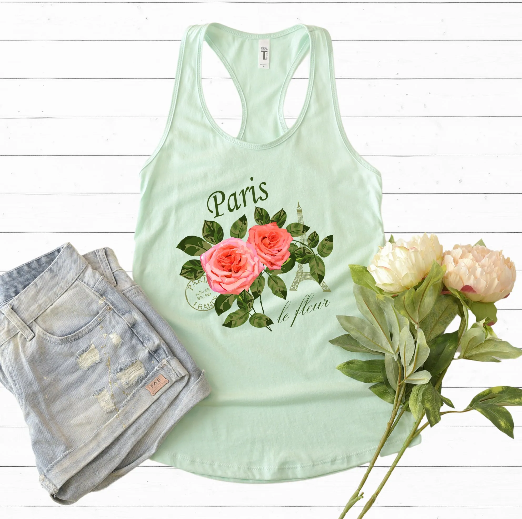 Paris France Vintage Rose Shirt | World Traveler Gardening Gift | Women's Ideal Racerback Tank Top
