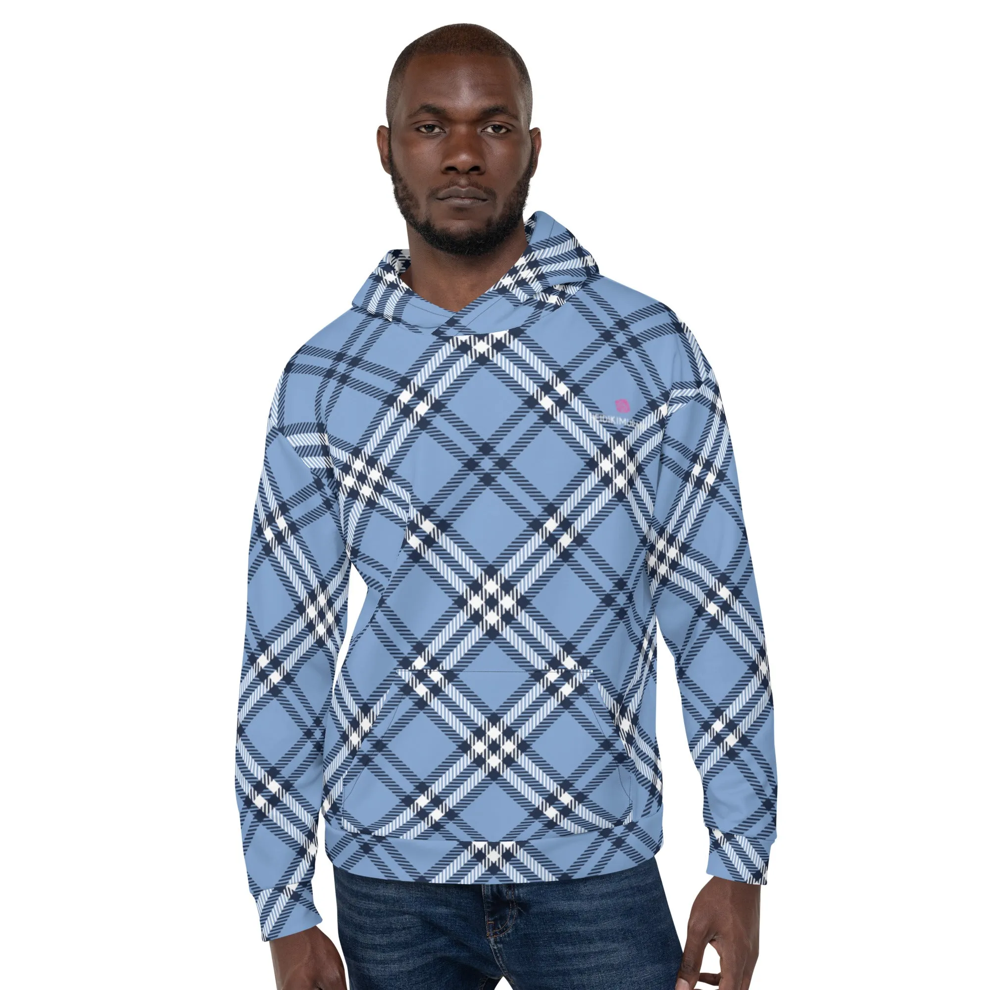 Pastel Blue Plaid Print Hoodie, Plaid Print Unisex Soft Fleece Designer Hoodie- Made in USA/MX/EU