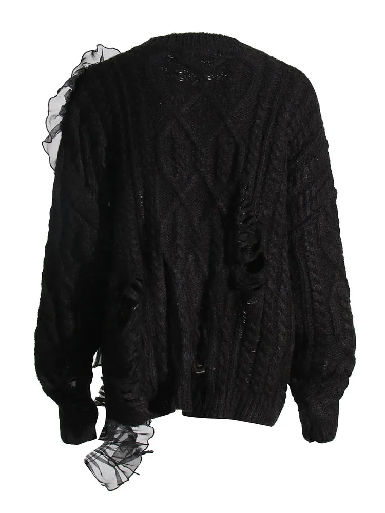 Patchwork Mesh Loose Knitting Sweaters For Women Round Neck Long Sleeve Hollow Out casual Sweater Female