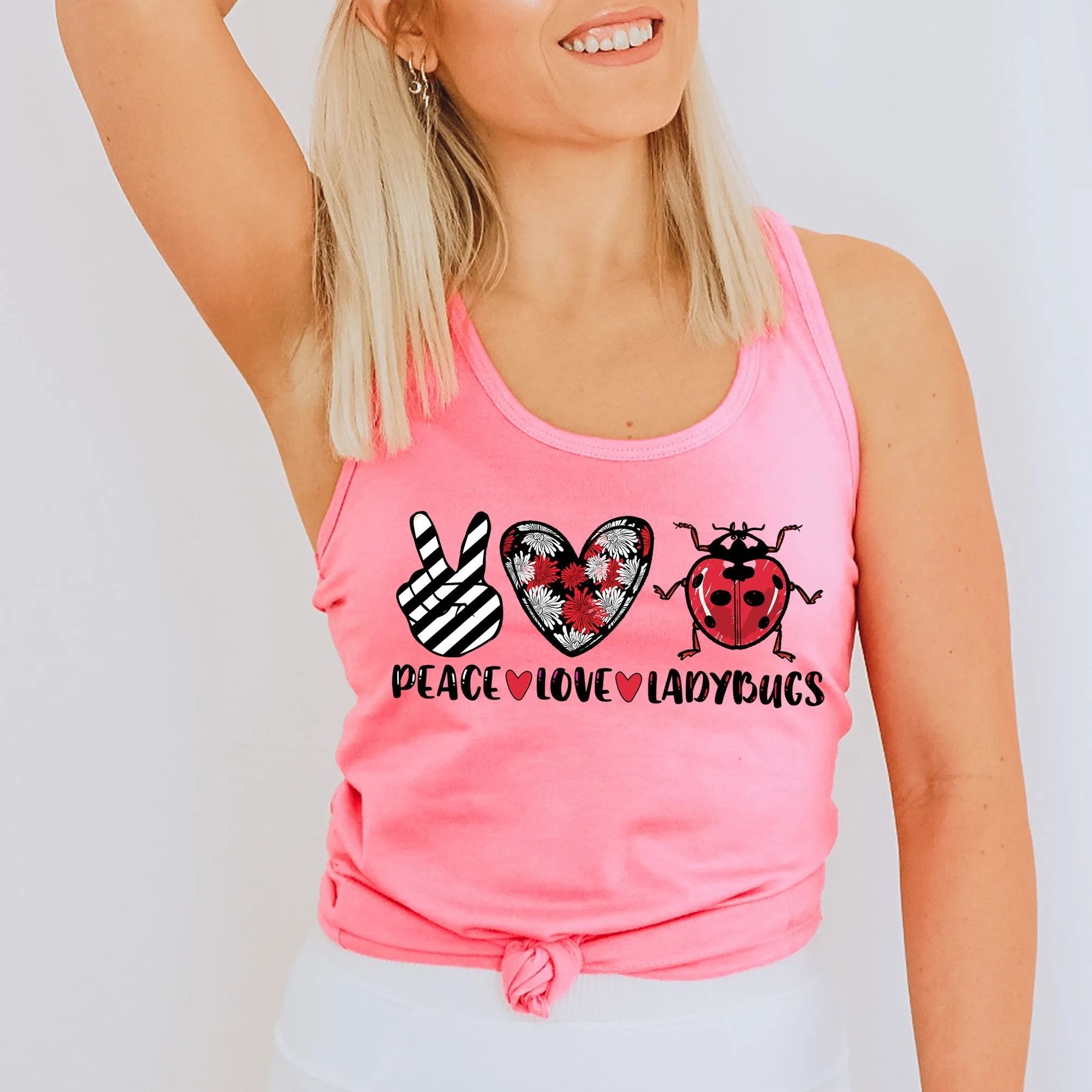 Peace Love Ladybugs Good Luck Tank Top | Ladybugs Shirt | Lady Bug Gift For Her | Women's Ideal Racerback Tank