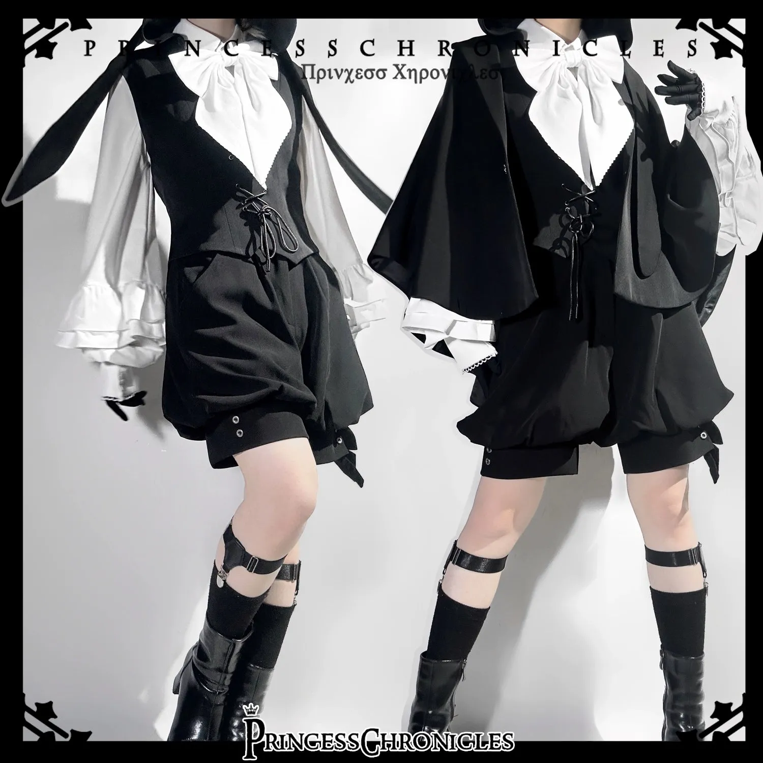 Princess Chronicles~Rabbit Feather~Black Ouji Lolita Vest Shorts Suit Prince Cloak Set