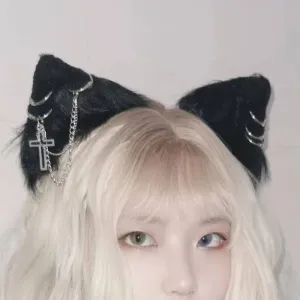 Punk Cat Ear Hair Clip with Cross Rings Chain