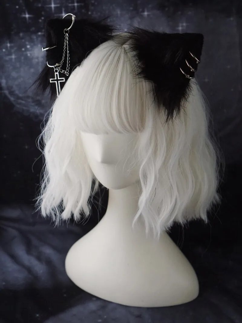 Punk Cat Ear Hair Clip with Cross Rings Chain