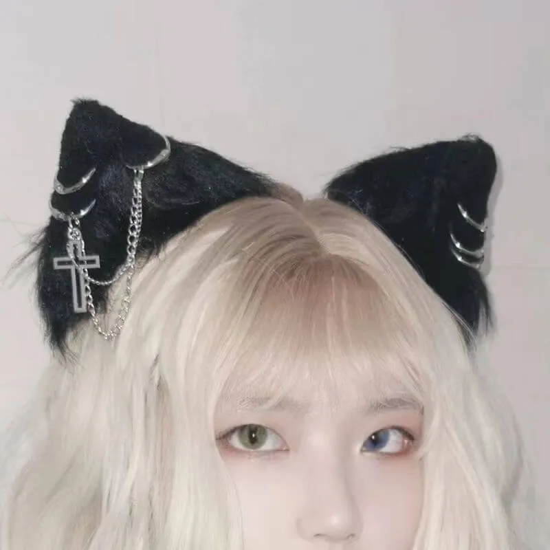 Punk Cat Ear Hair Clip with Cross Rings Chain