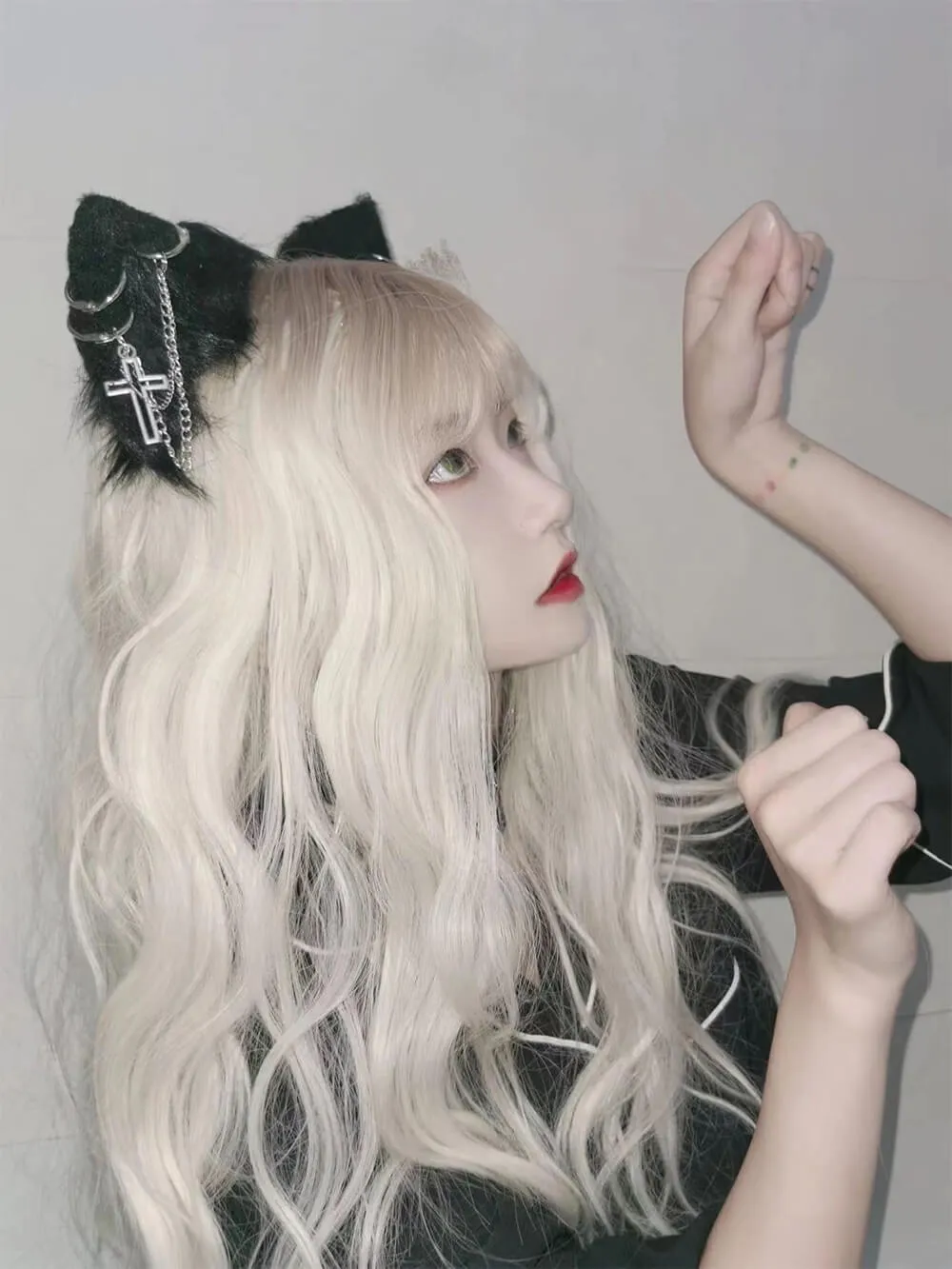 Punk Cat Ear Hair Clip with Cross Rings Chain