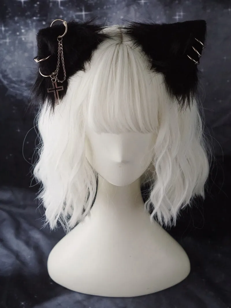 Punk Cat Ear Hair Clip with Cross Rings Chain