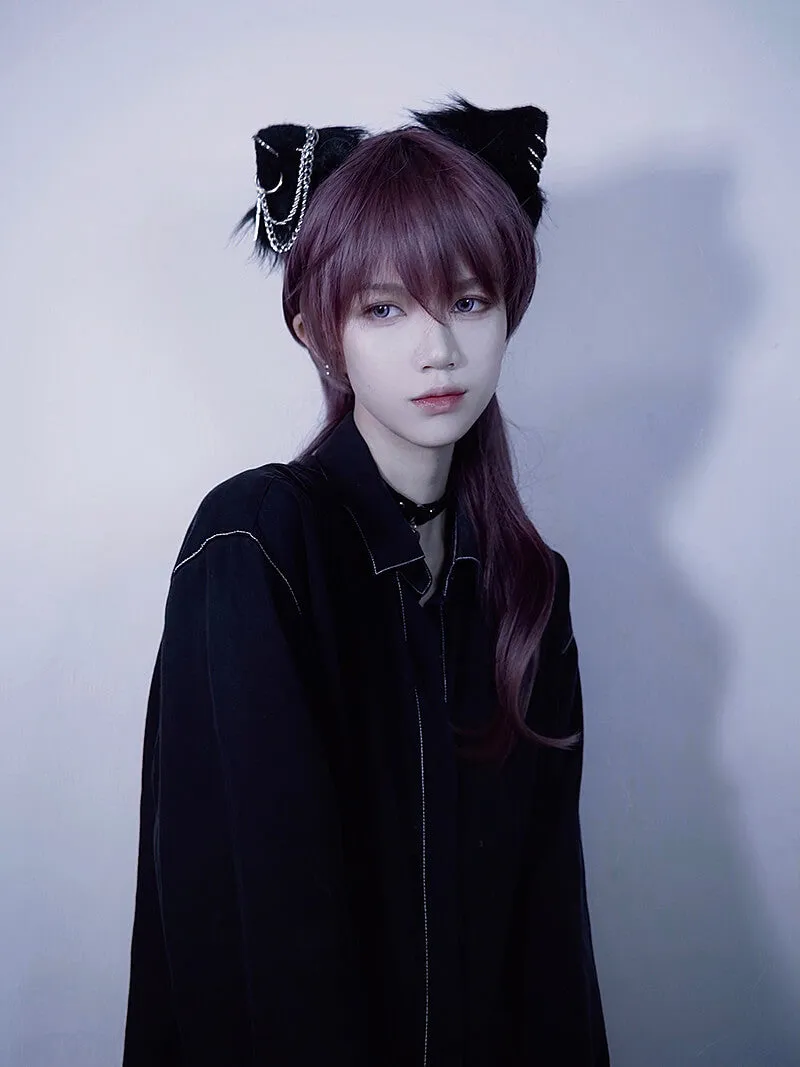 Punk Cat Ear Hair Clip with Cross Rings Chain