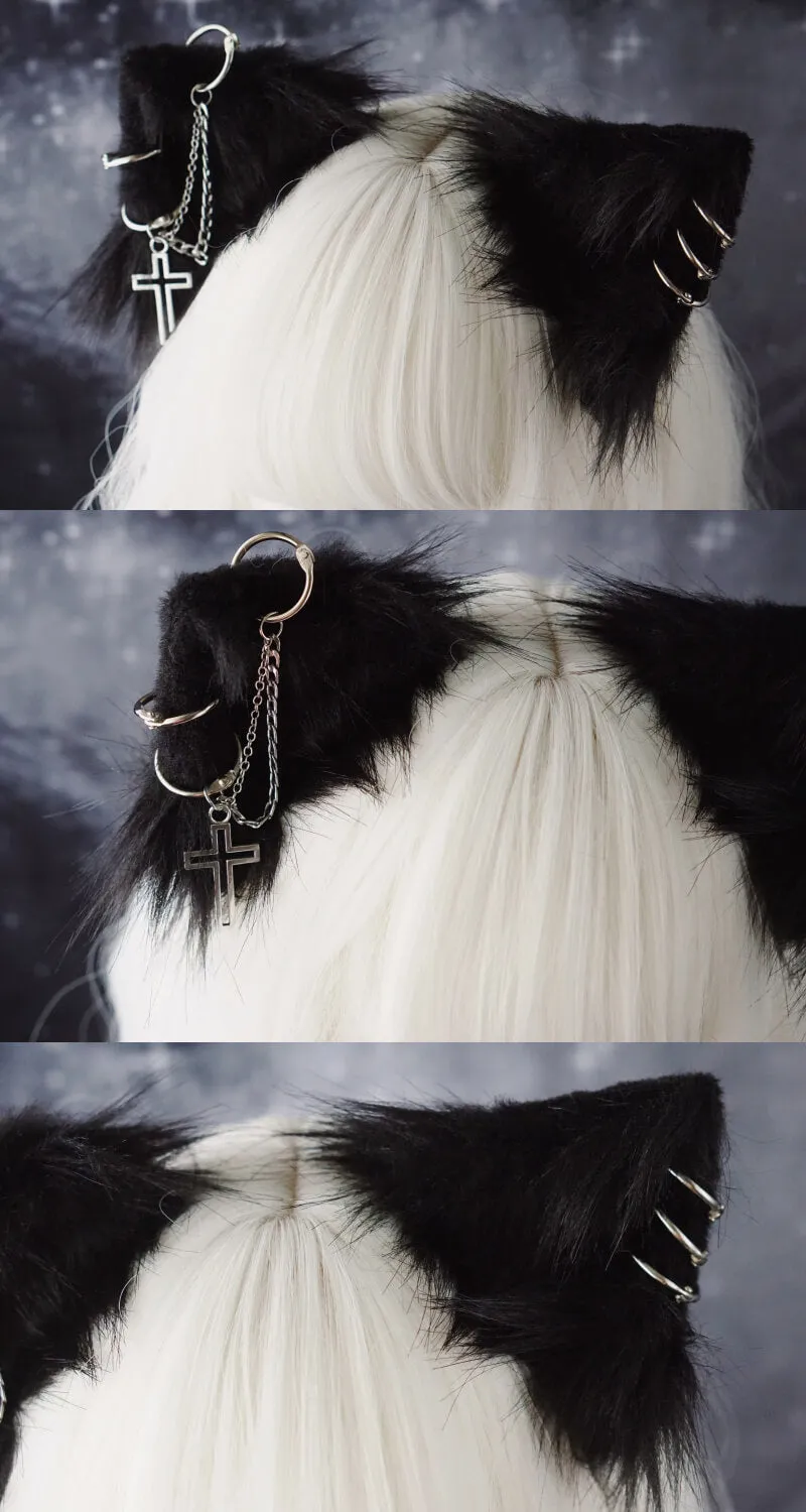 Punk Cat Ear Hair Clip with Cross Rings Chain