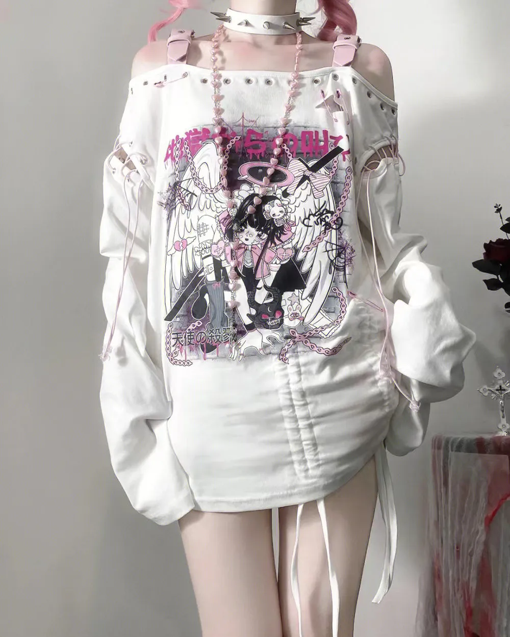 Punk Hell Angel Print Off-shoulder Buckle Strap Tops