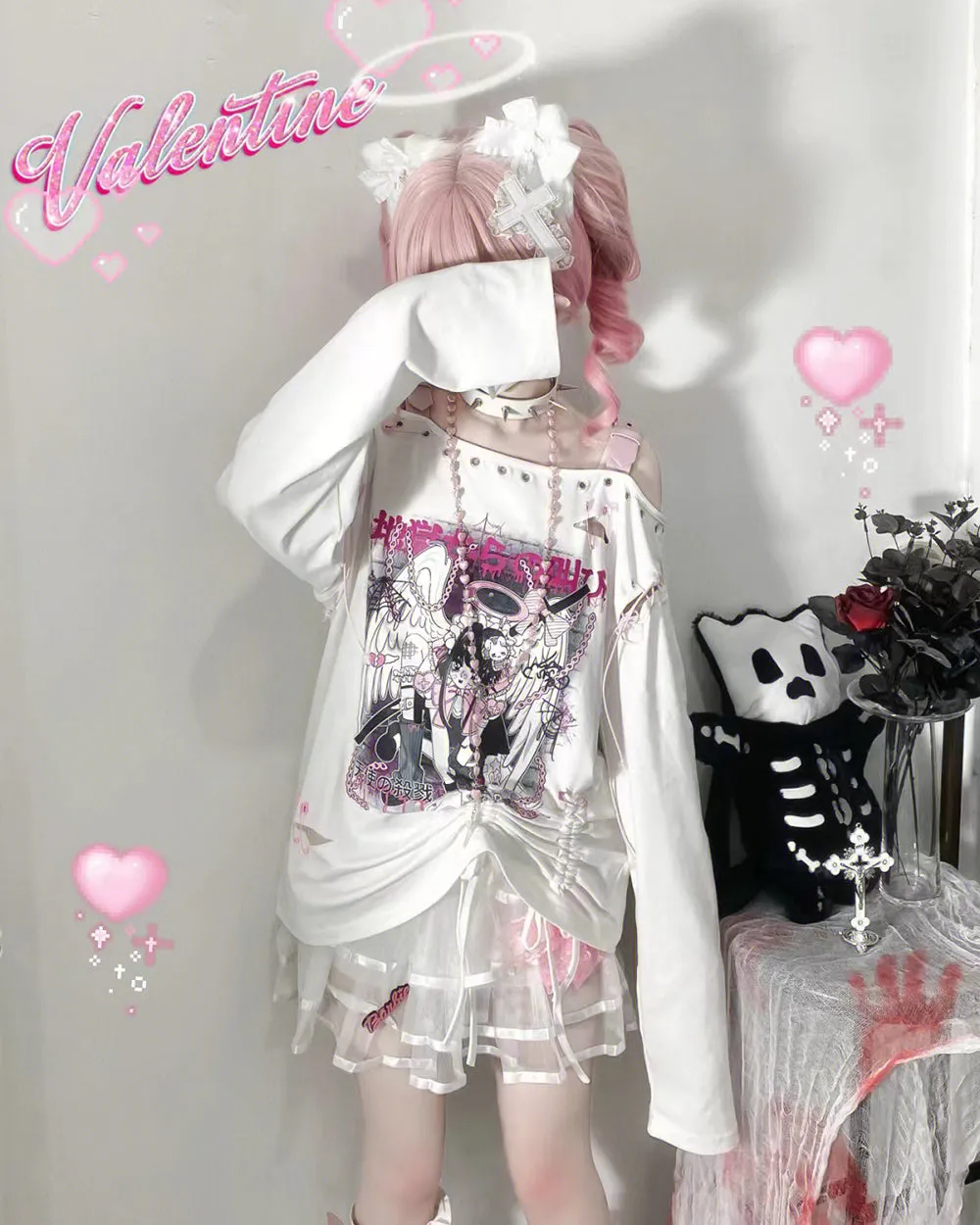 Punk Hell Angel Print Off-shoulder Buckle Strap Tops