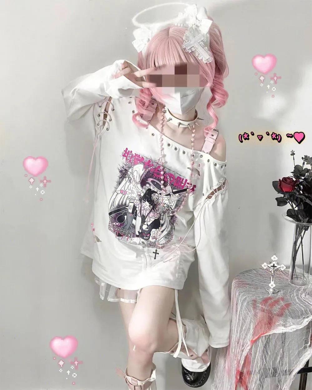 Punk Hell Angel Print Off-shoulder Buckle Strap Tops