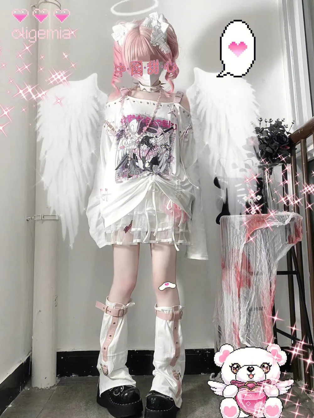Punk Hell Angel Print Off-shoulder Buckle Strap Tops
