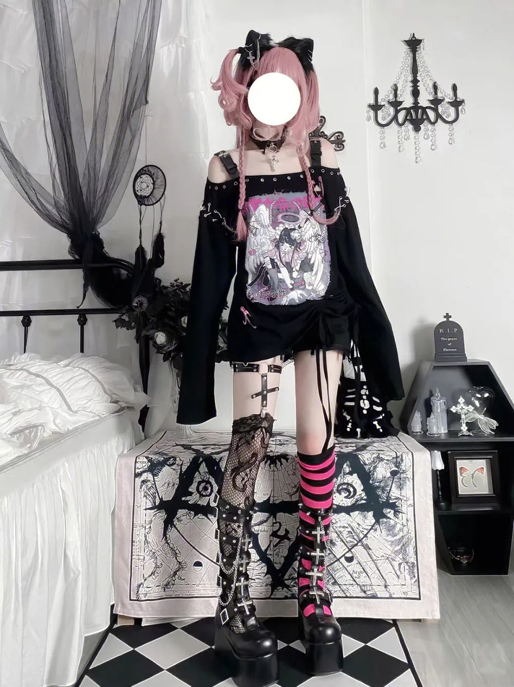 Punk Hell Angel Print Off-shoulder Buckle Strap Tops