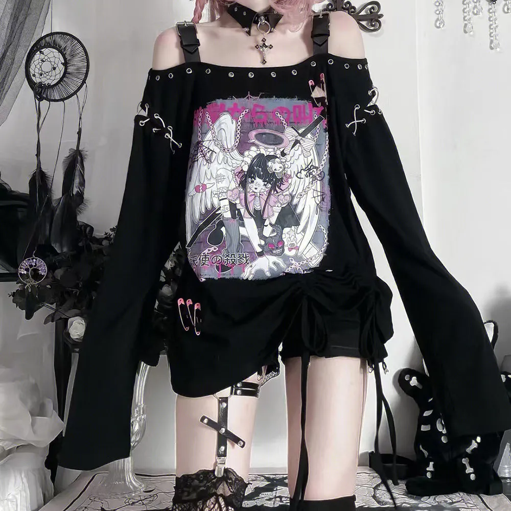 Punk Hell Angel Print Off-shoulder Buckle Strap Tops