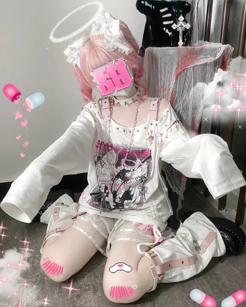 Punk Hell Angel Print Off-shoulder Buckle Strap Tops