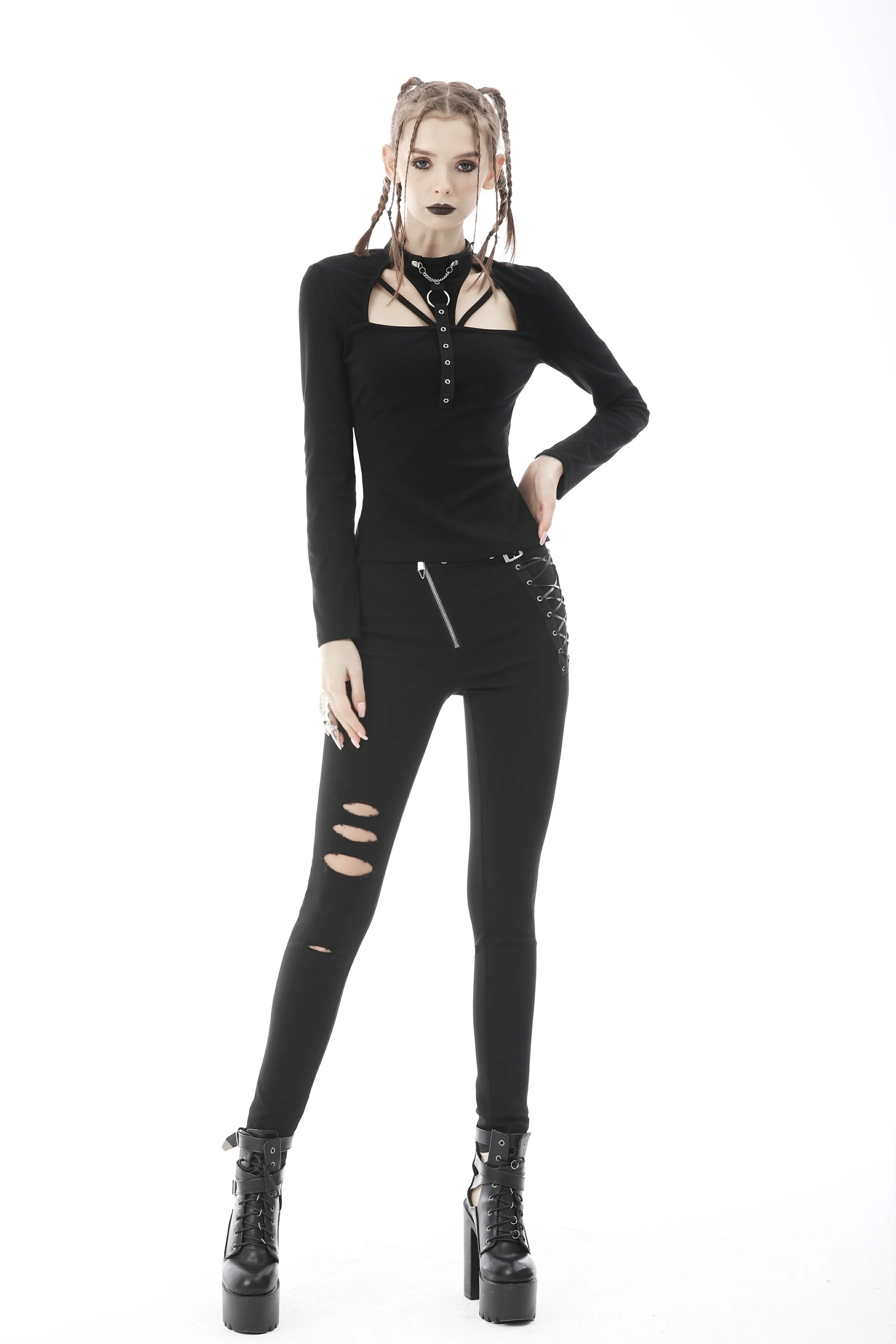 Punk hollow out sexy bust high neckline top TW347