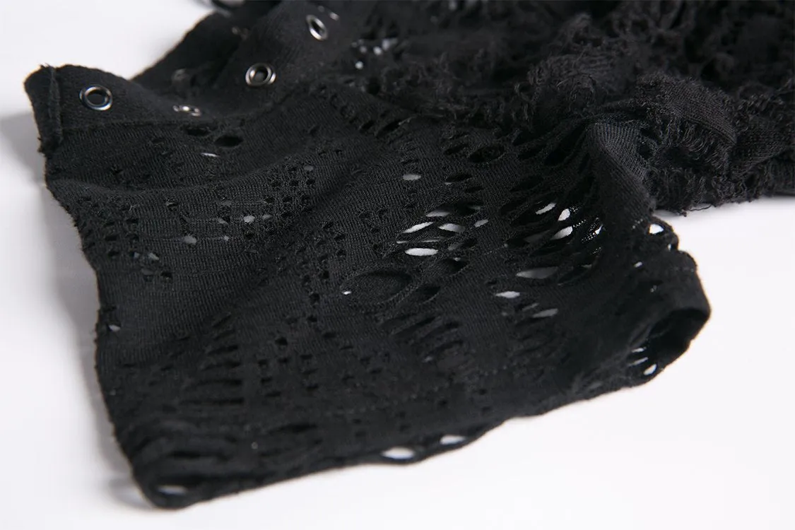 Punk messy net T-shirt with asymmetric rope desgin TW156