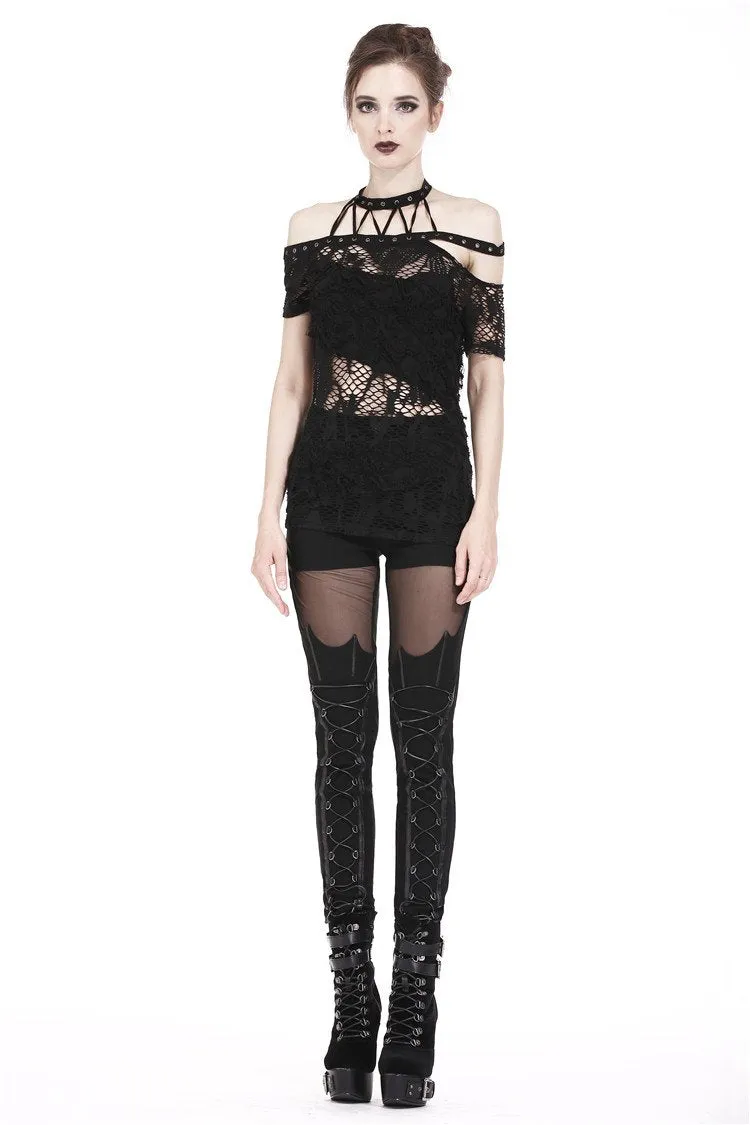 Punk messy net T-shirt with asymmetric rope desgin TW156