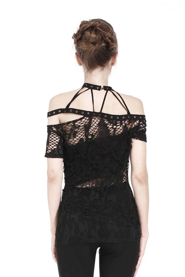 Punk messy net T-shirt with asymmetric rope desgin TW156