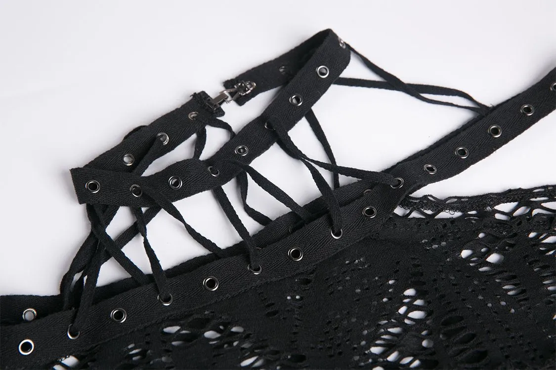 Punk messy net T-shirt with asymmetric rope desgin TW156