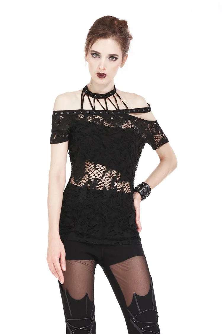 Punk messy net T-shirt with asymmetric rope desgin TW156