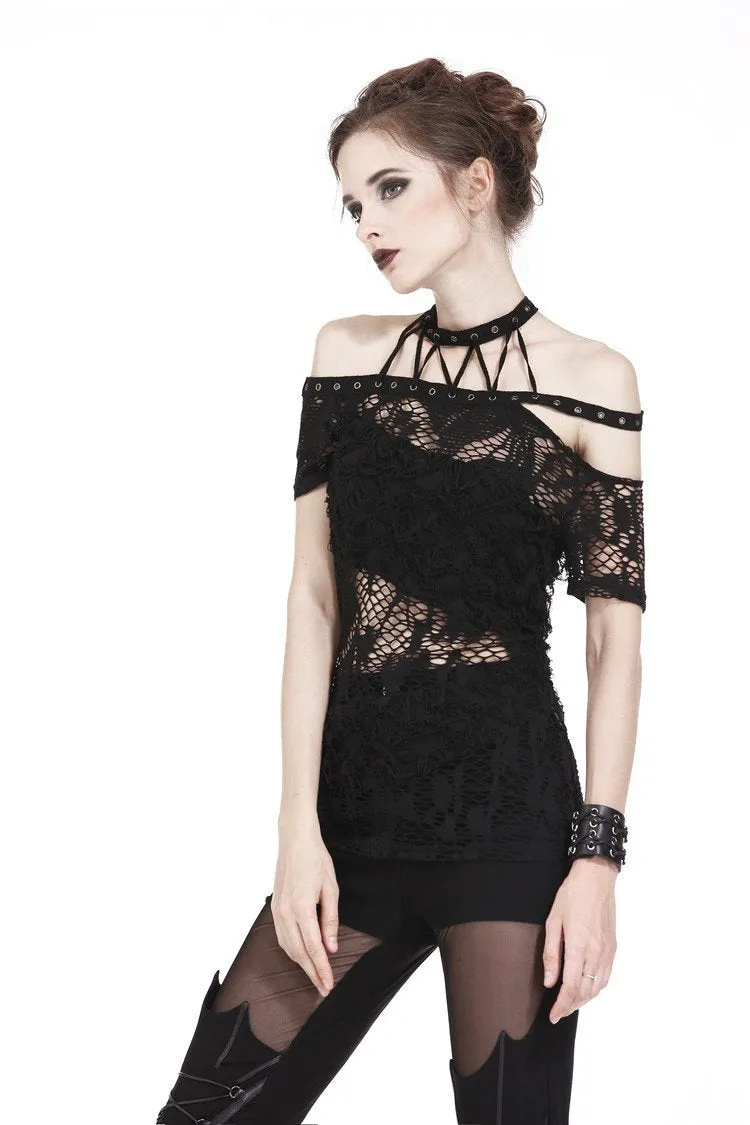 Punk messy net T-shirt with asymmetric rope desgin TW156