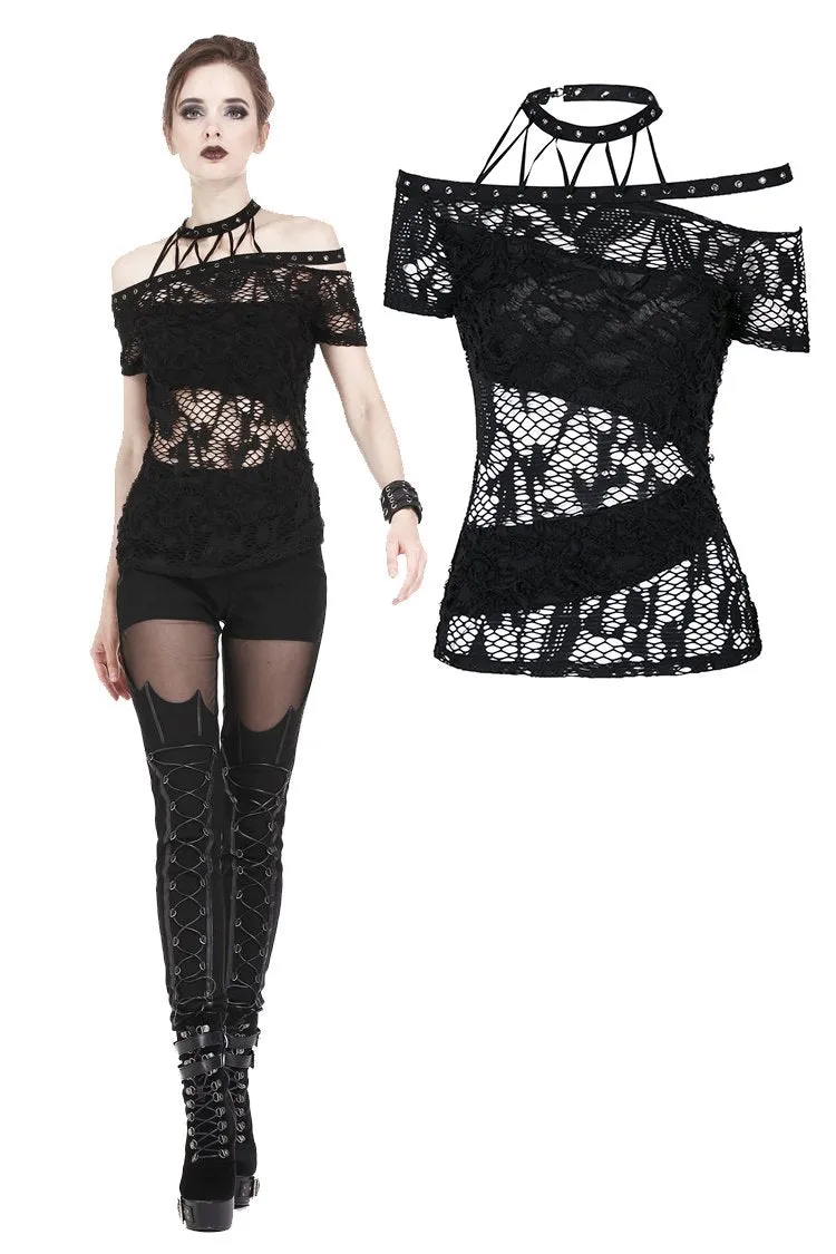 Punk messy net T-shirt with asymmetric rope desgin TW156