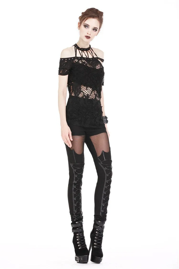 Punk messy net T-shirt with asymmetric rope desgin TW156