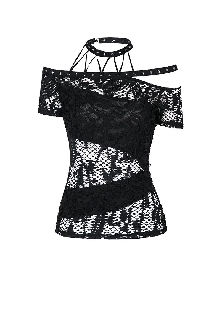 Punk messy net T-shirt with asymmetric rope desgin TW156