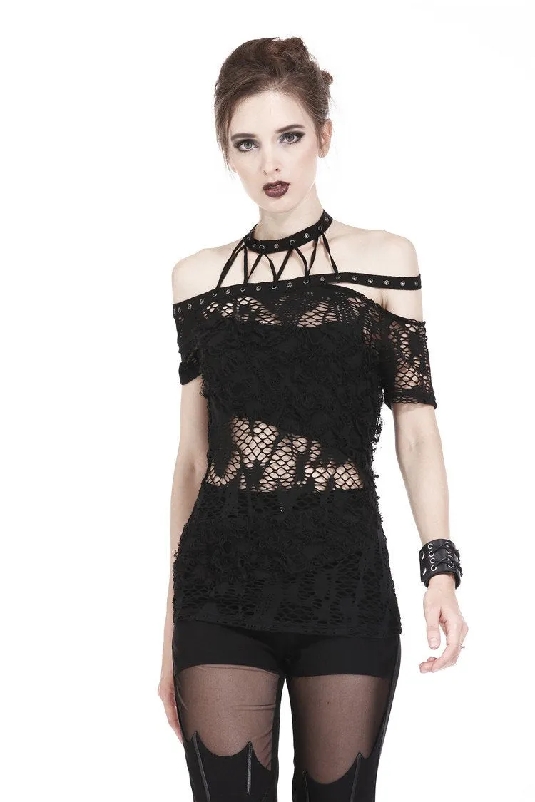 Punk messy net T-shirt with asymmetric rope desgin TW156