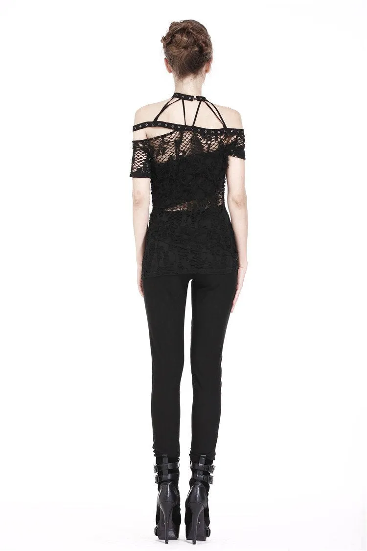 Punk messy net T-shirt with asymmetric rope desgin TW156