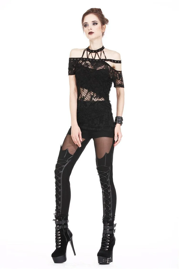Punk messy net T-shirt with asymmetric rope desgin TW156