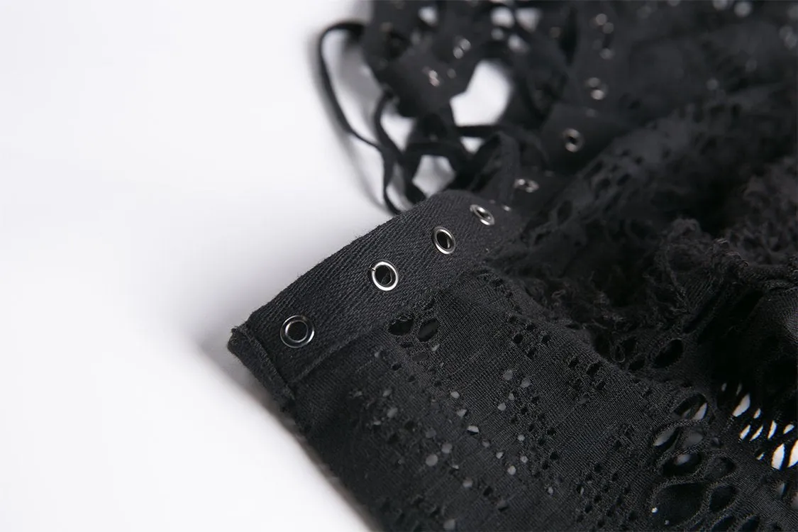 Punk messy net T-shirt with asymmetric rope desgin TW156