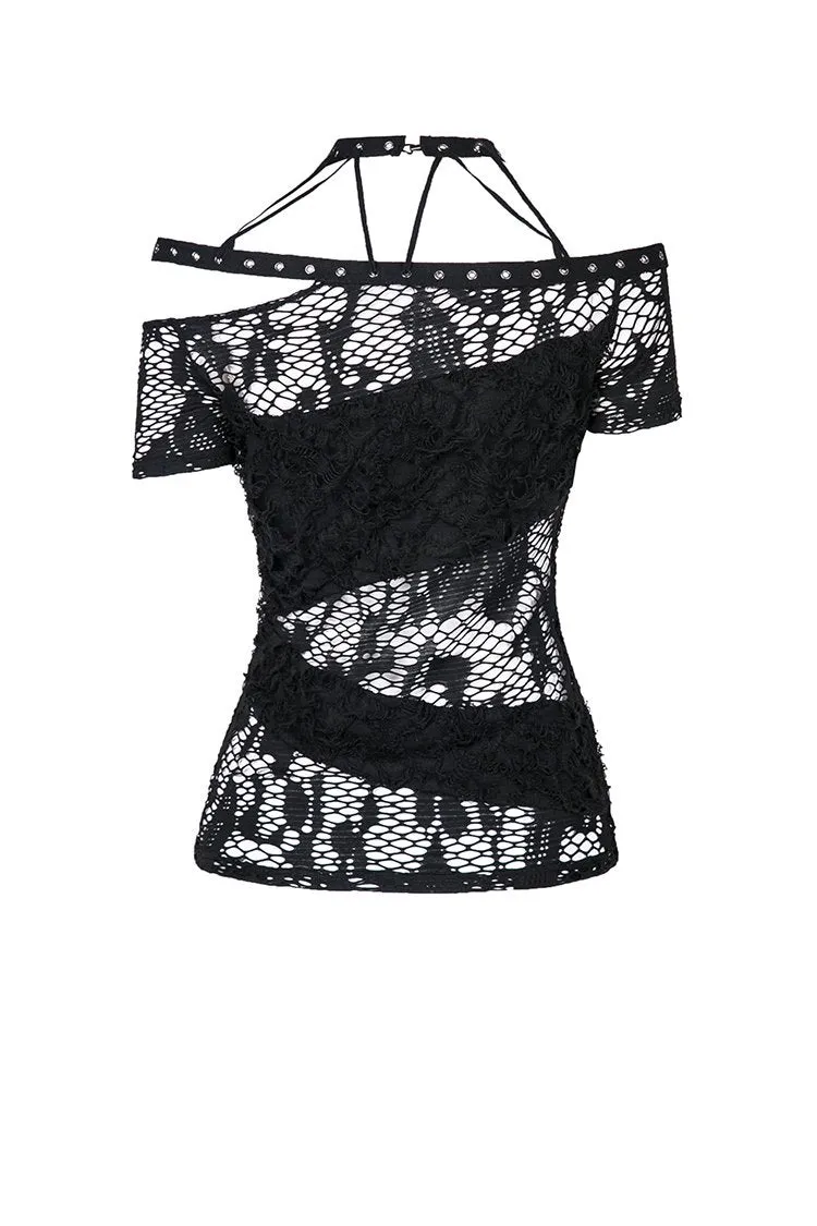 Punk messy net T-shirt with asymmetric rope desgin TW156