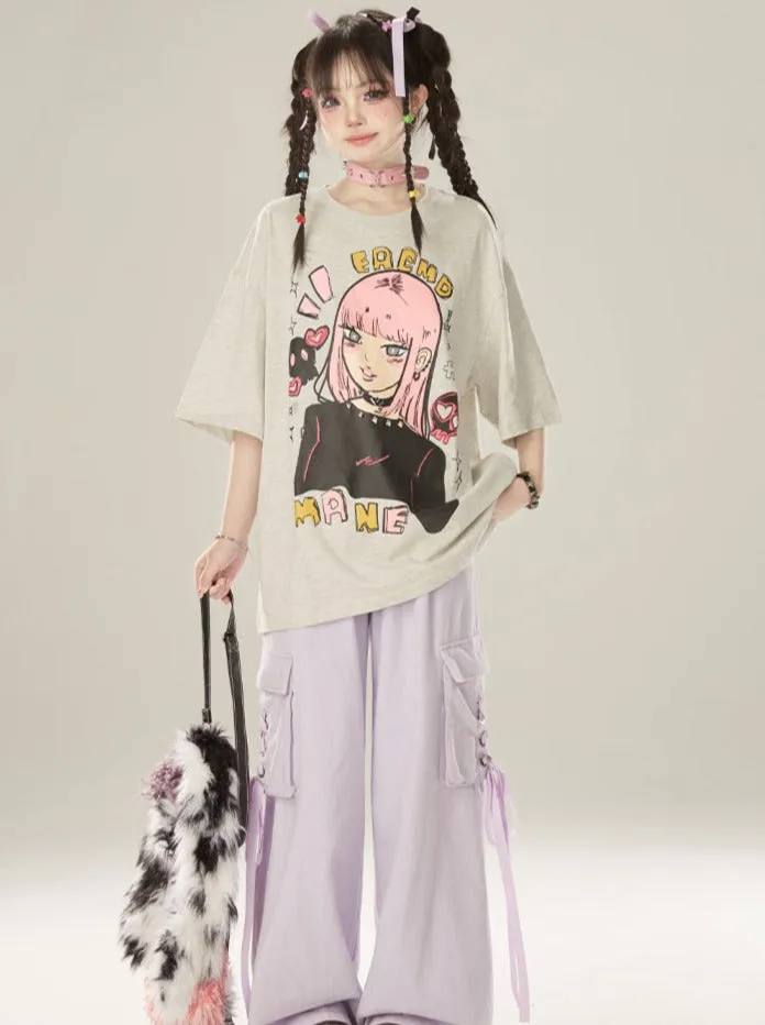 Round Loose Illustration Gray Neck Top Punk Girl